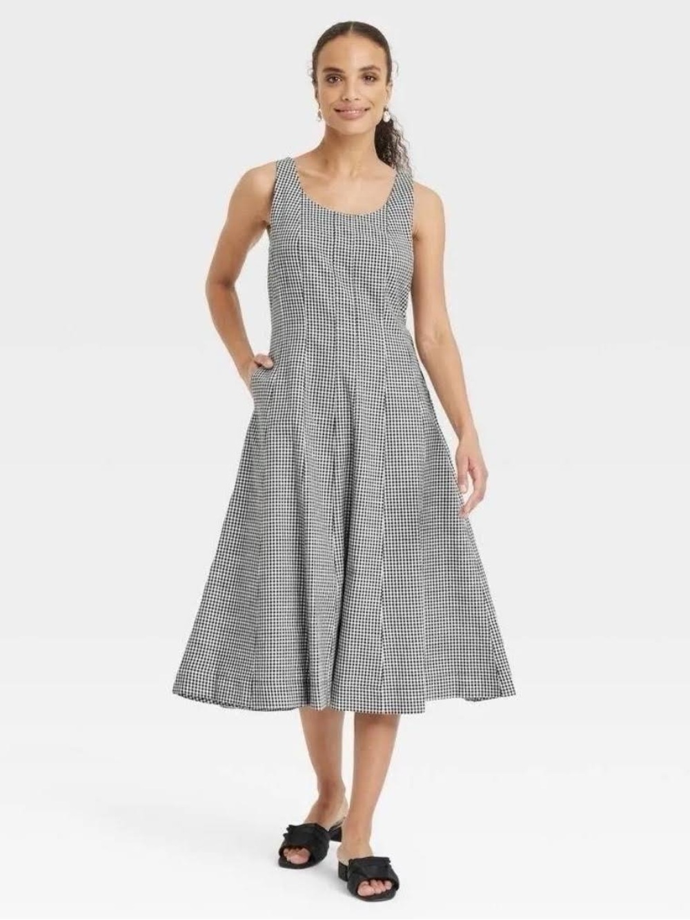 A New Day Sleeveless Black & White Gingham Midi Dress Size 6